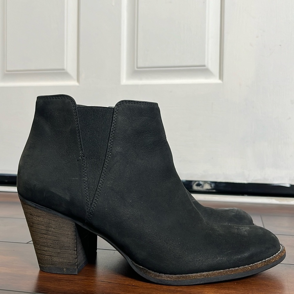 Paul Green Ankle Boots Black Distressed Leather Stacked Block Heel US 9 UK 6.5